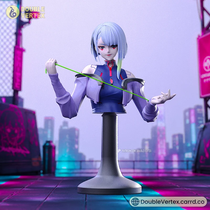 Lucy from Cyberpunk: Edgerunners as a silver-haired 3D character bust on a display pedestal