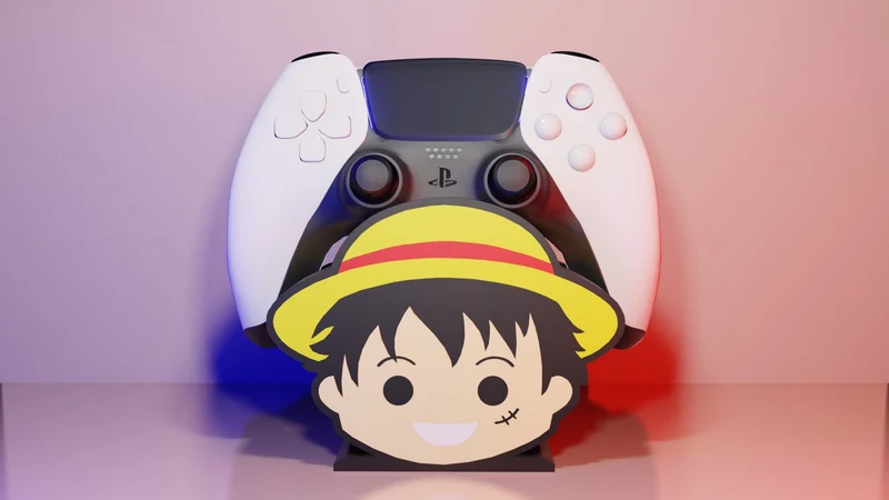 Luffy One Piece controller holder with straw hat supporting a PlayStation 5 DualSense controller