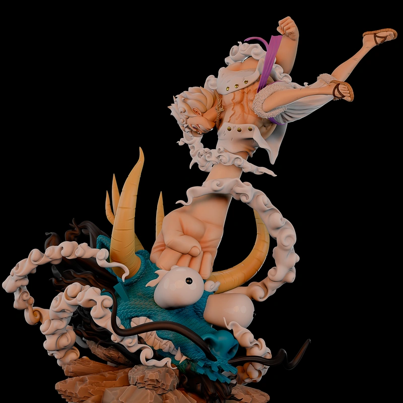 Luffy Gear 5 One Piece figure posed above a dragon-like base