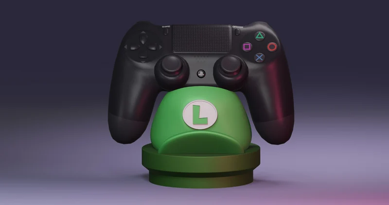 Green Luigi cap joystick holder supporting a black game controller