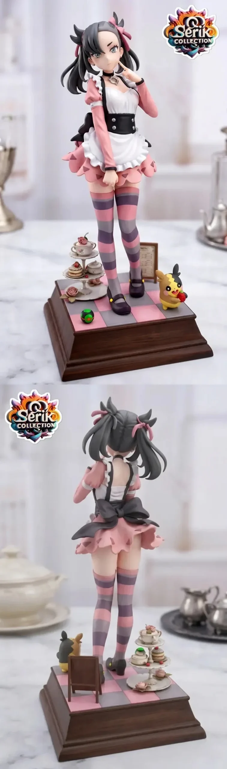 Marnie Pokémon figure in a pink-and-black maid outfit on a tea-themed display base