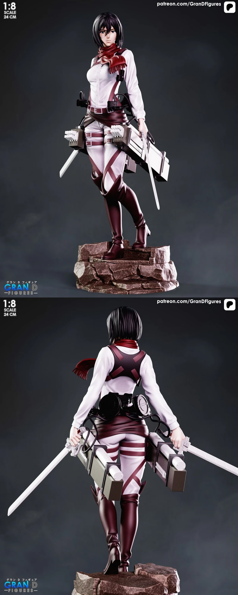 Mikasa Ackerman Attack on Titan figure with red scarf, maneuver gear, twin blades, and stone base