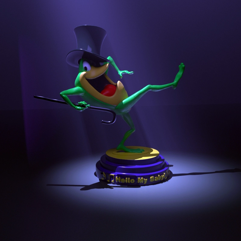 Green Hanna-Barbera frog character wearing a top hat on a display pedestal