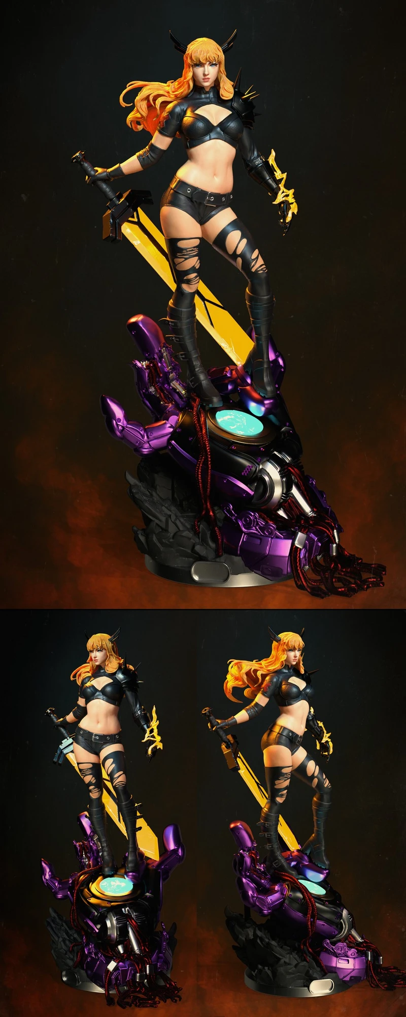 Marvel Magik character statue with sword on a purple mechanical base