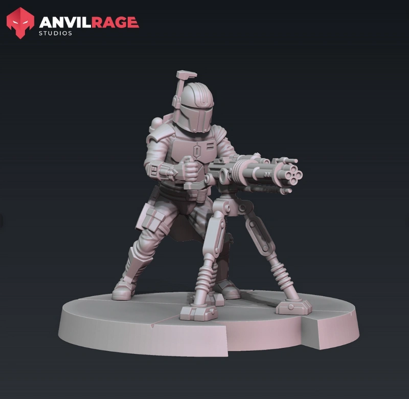 Mandalorian Heavy Gunner in armor with a multi-barrel blaster on a bipod