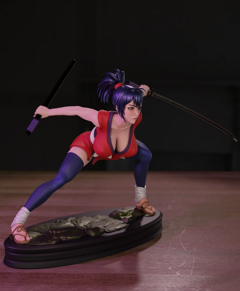 Chifusa Manyuu anime samurai figure with swords on a rocky display base