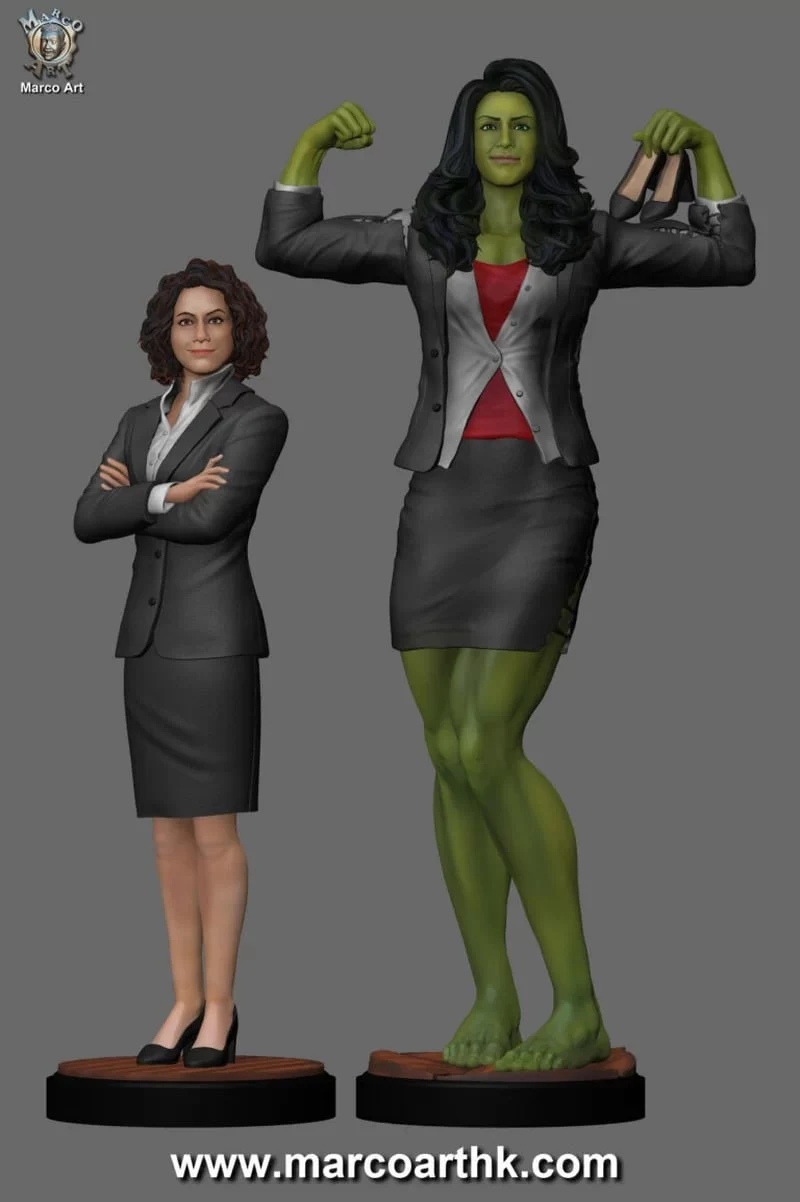 Marvel She-Hulk figure with raised fists beside a smaller suited female figure