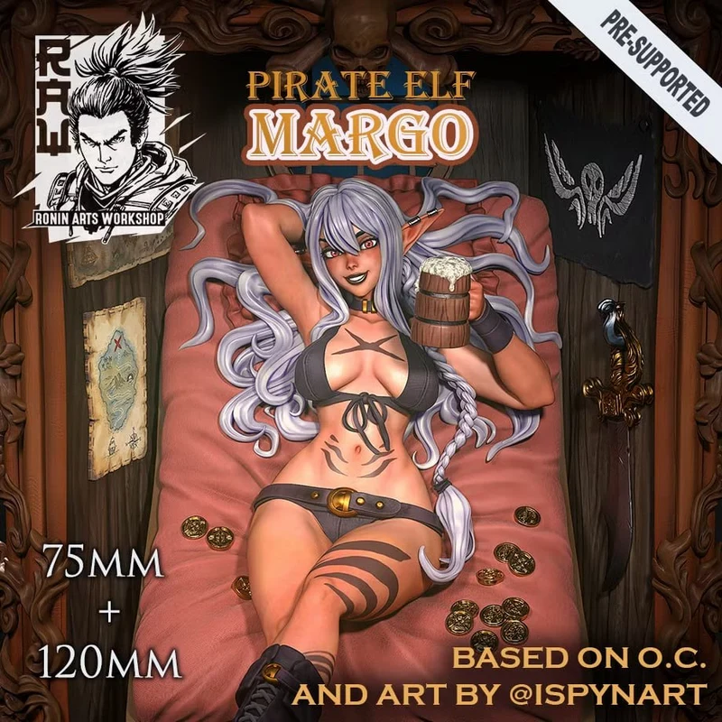 Margo original pirate elf character with silver hair, pointed ears, mug, and tattoos