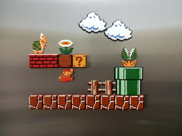 Pixel-art Mario Bros tile set with bricks, question block, pipe, clouds, enemies and Mario figure