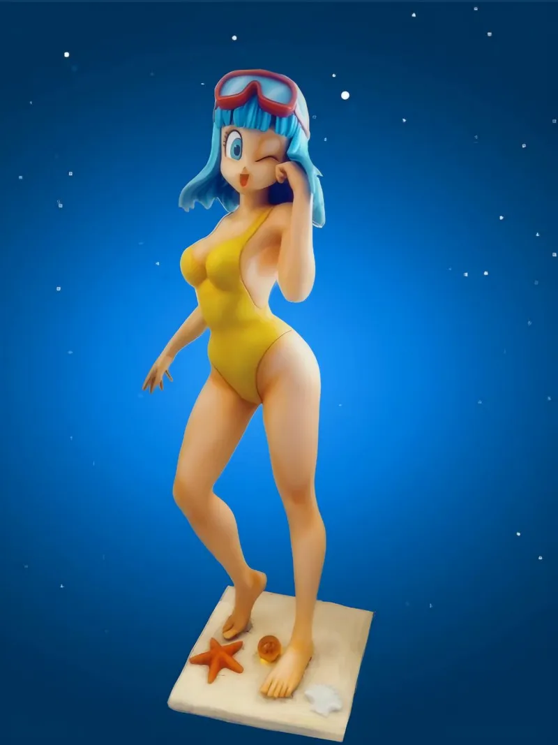 Maron Dragon Ball figure with blue hair, goggles, yellow swimsuit, and beach base