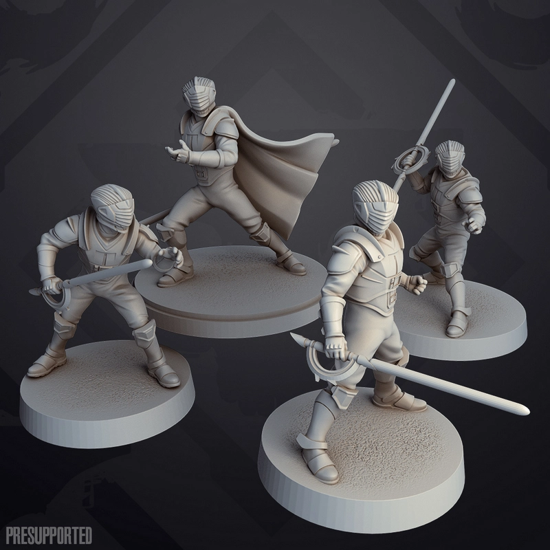 Four armored Star Wars character miniatures with striped masks, capes, weapons, and round bases
