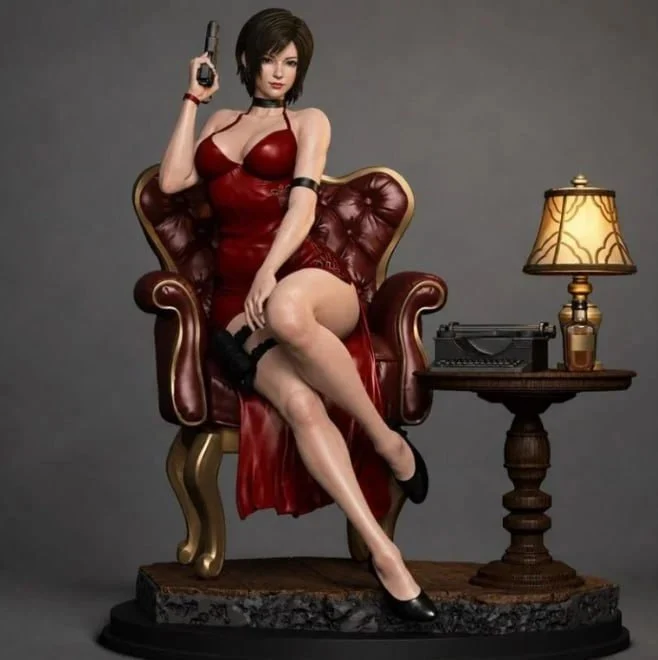 Ada Wong from Resident Evil 4 seated in a red dress with a handgun
