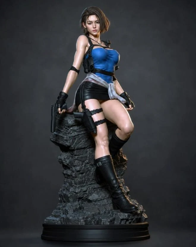Jill Valentine Resident Evil 3 statue with blue top and rocky base