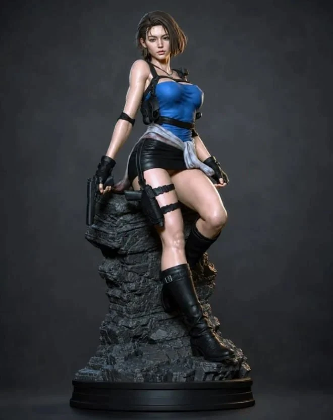 Jill Valentine Resident Evil 3 figure in a blue top on a rocky pedestal