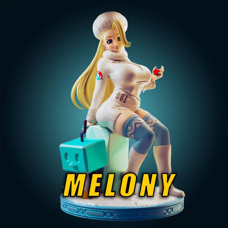 Melony Pokémon trainer figure seated in a white winter outfit with a large hat and blue boots