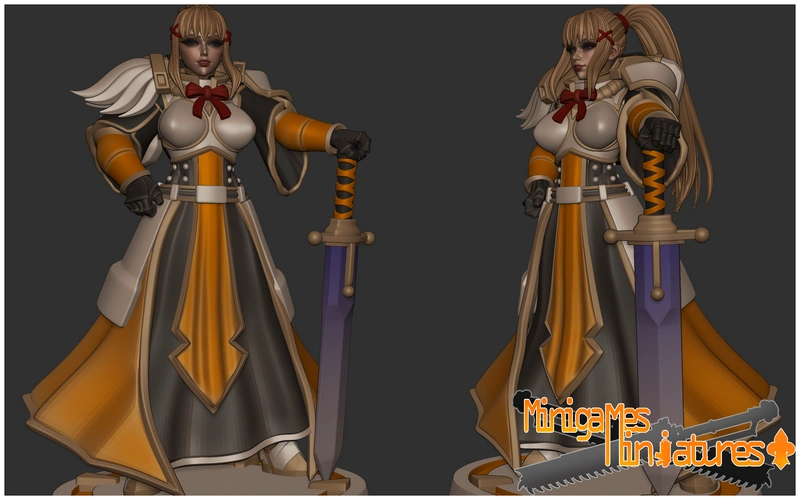 Darkness from KonoSuba in orange and white crusader armor holding a purple-bladed sword