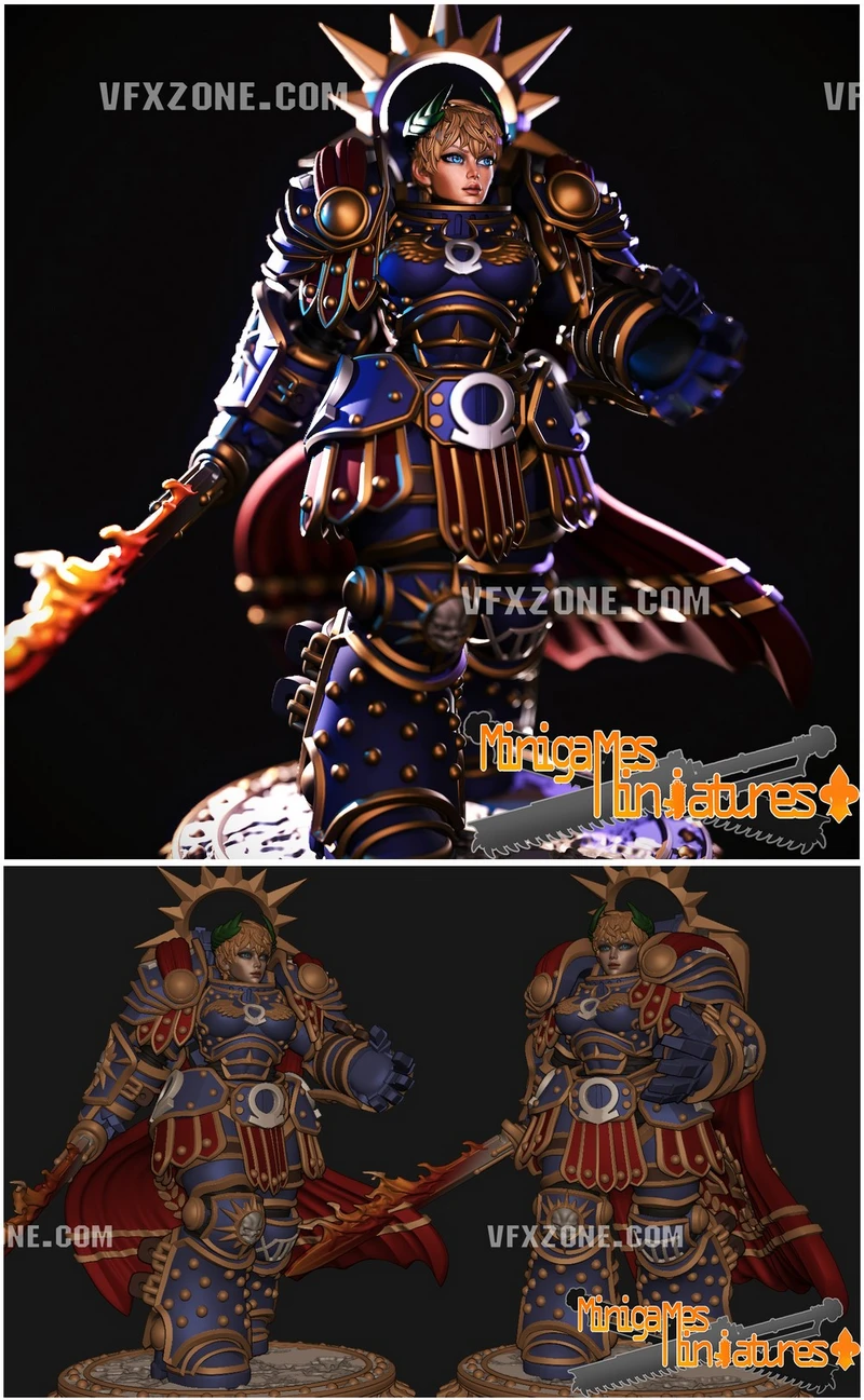High Praetorian Rubelia in ornate blue and gold sci-fi armor with a sword