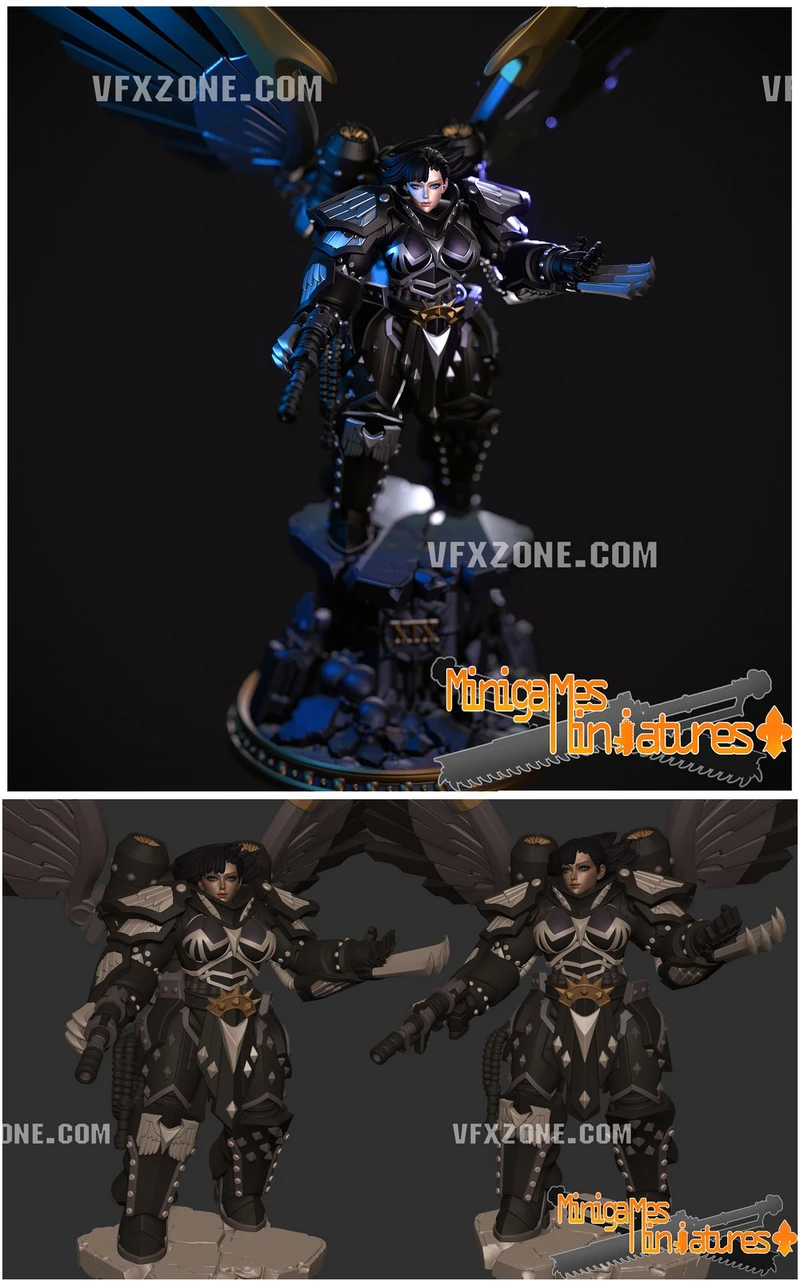 Armored dark fantasy female figure with wings, weapons, and a gothic display base
