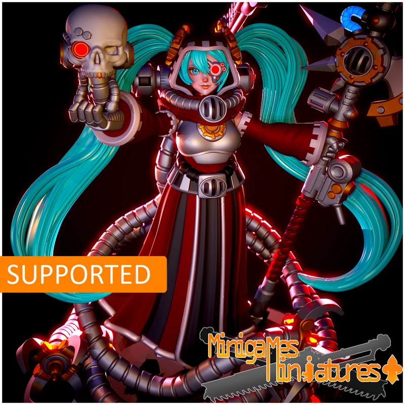Hatsune Miku tech-priestess figure with mechanical limbs and a sci-fi staff