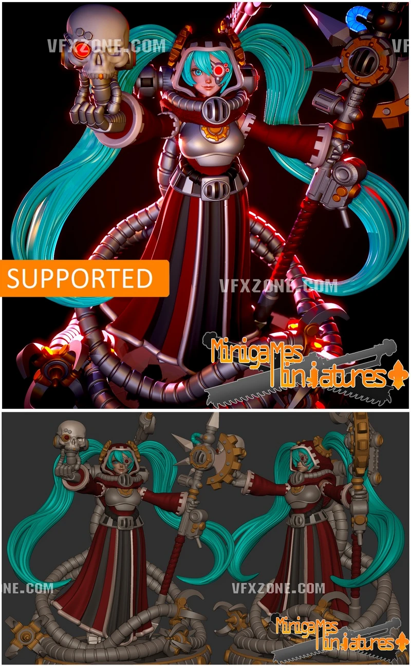 Miku Techpriestess fan-art figure with turquoise hair, armored robes, cables, and mechanical staff