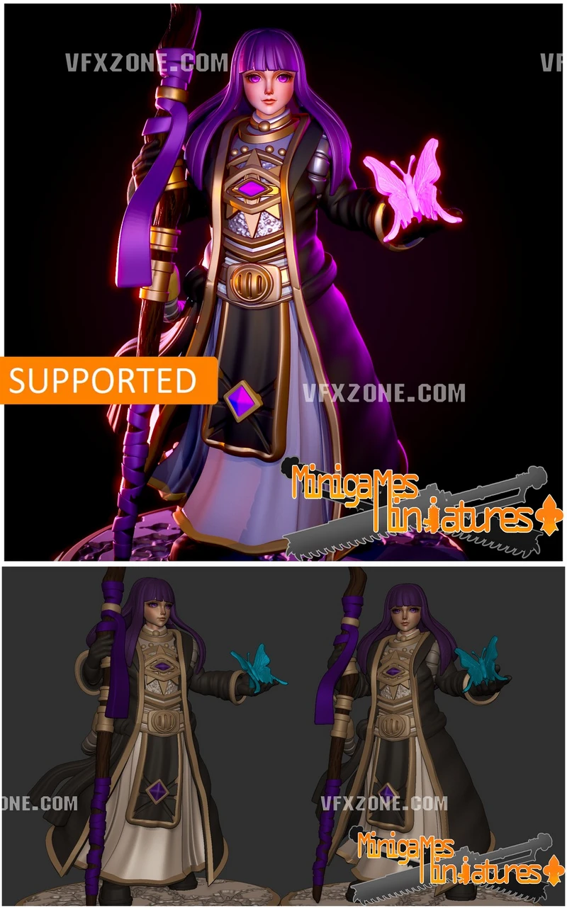 Voidwitch Fern fan figure with purple hair, staff, layered robes, armor, and glowing butterfly