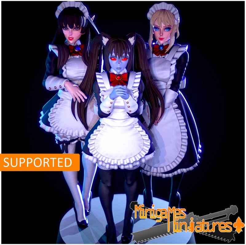 Three anime-style sci-fi maid character miniatures with detailed uniforms