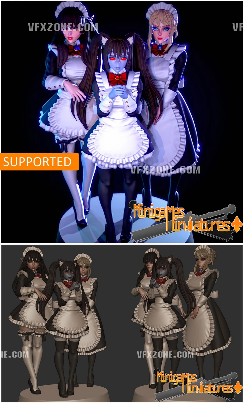 Three original sci-fi maid character miniatures with cat ears and frilled uniforms