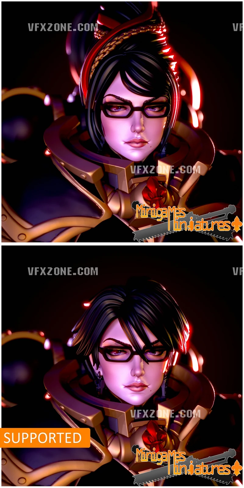 Bayonetta-inspired sci-fi miniature head with glasses and futuristic armor