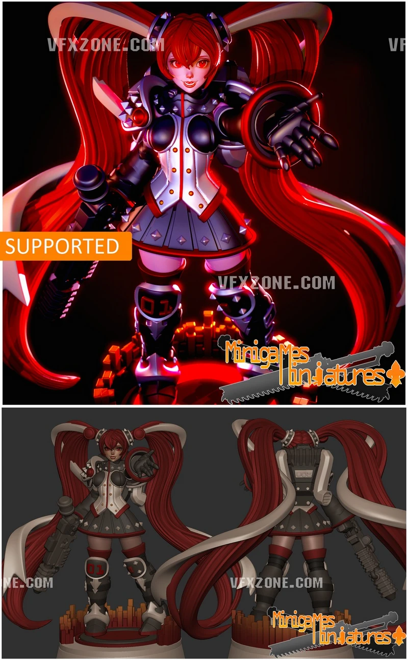 Anime-style Vocaloid-inspired sister figure with red twin-tail hair and armored clothing