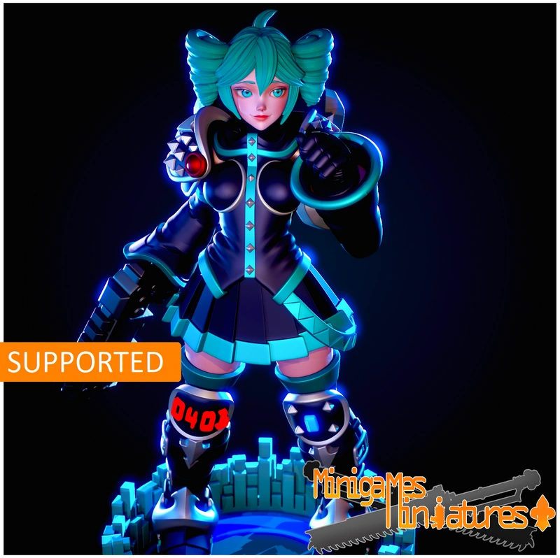 Vocaloid-inspired turquoise-haired anime sister figure in a futuristic outfit