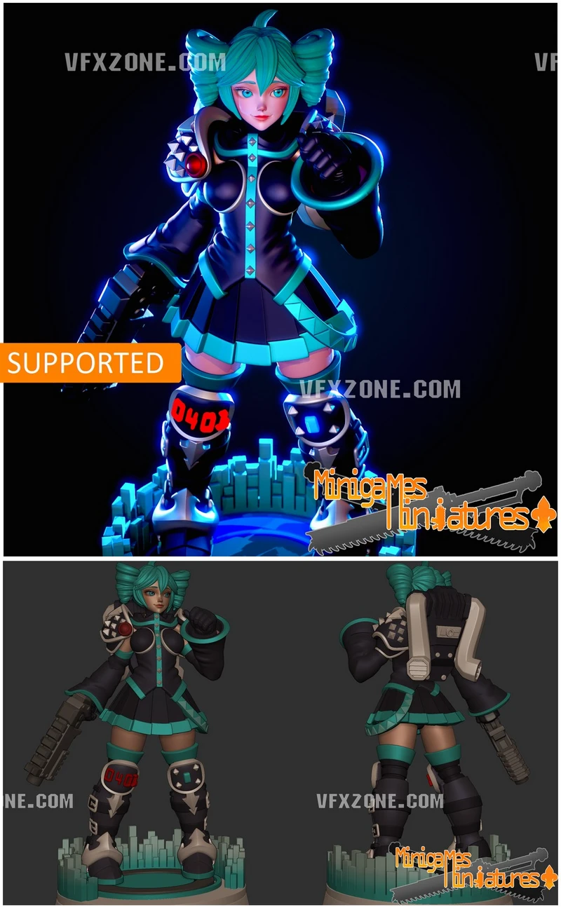 Vocaloid-inspired anime sister character in a futuristic outfit on a circular base