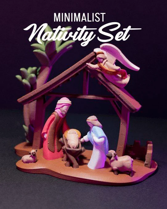 Minimalist biblical nativity scene with stable, figures, manger, and sheep