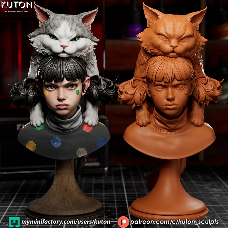 Moki and Wasabi character busts with cat companions on display bases