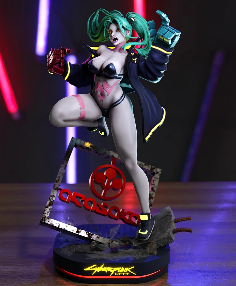 Rebecca from Cyberpunk: Edgerunners as a dynamic 3D character statue