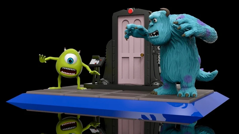 Monsters, Inc. diorama with Mike, Sulley, a pink door, and blue platform