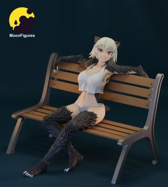 Seated anime-style catgirl figurine with white hair on a park bench