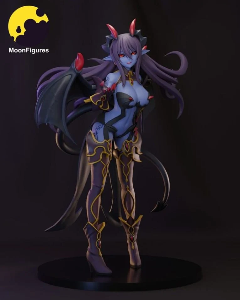 Purple-skinned demon girl STL figure with horns, wings, armor, and a tail