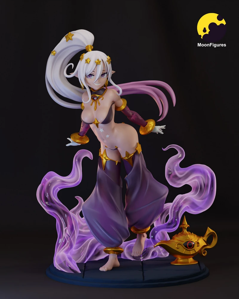 Genie character figure with white hair, purple wisps, gold accents, and a lamp