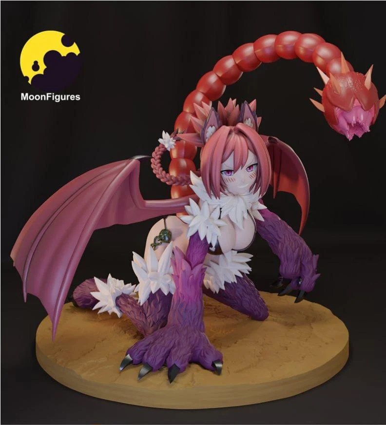 Manticore monster girl figurine with wings, floral details and a red tail