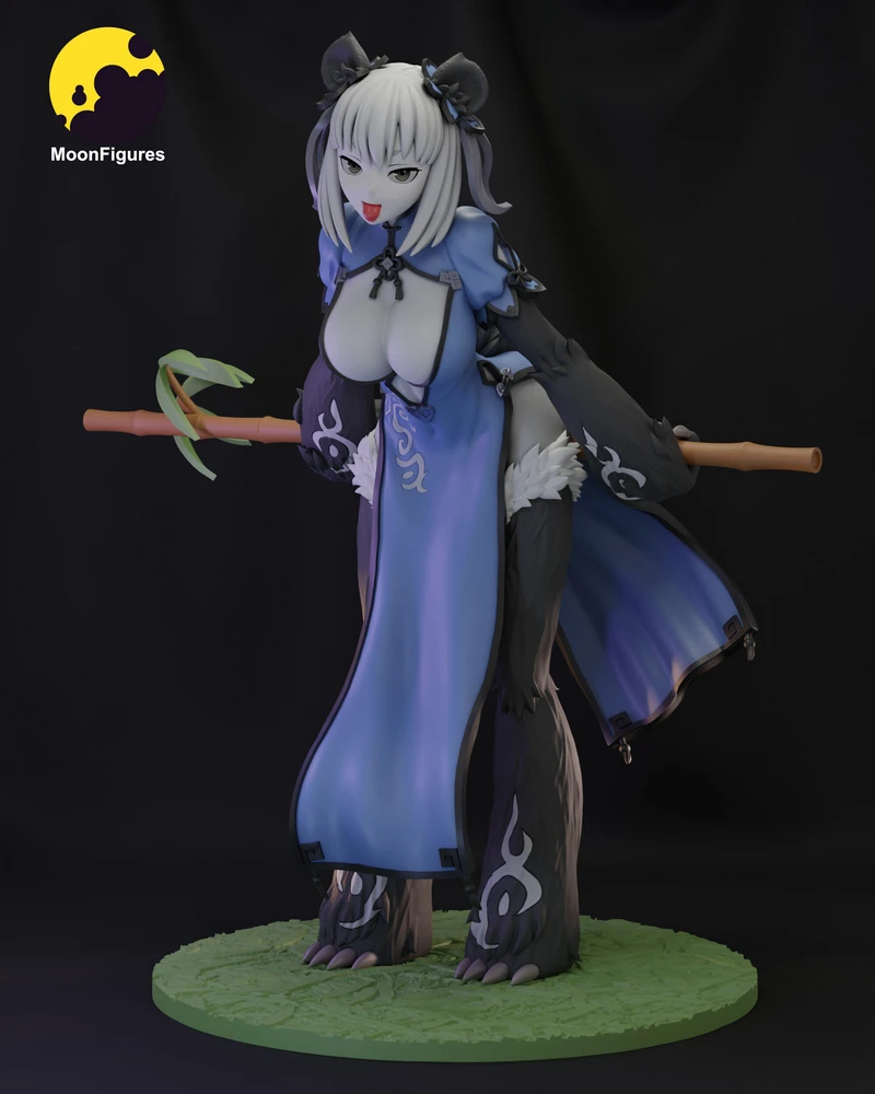 Ren Xiongmao original character figure with cat ears, blue outfit, branch, and round base