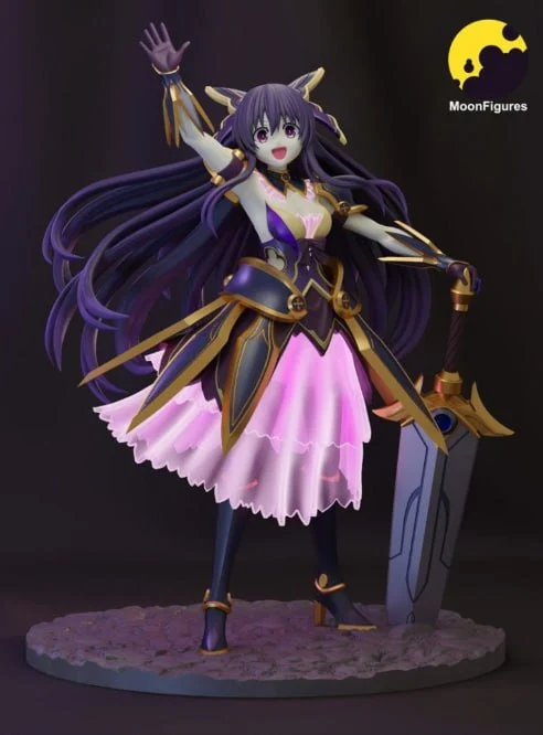 Tooka Yatogami anime figure with purple hair, armor, sword, and pink skirt
