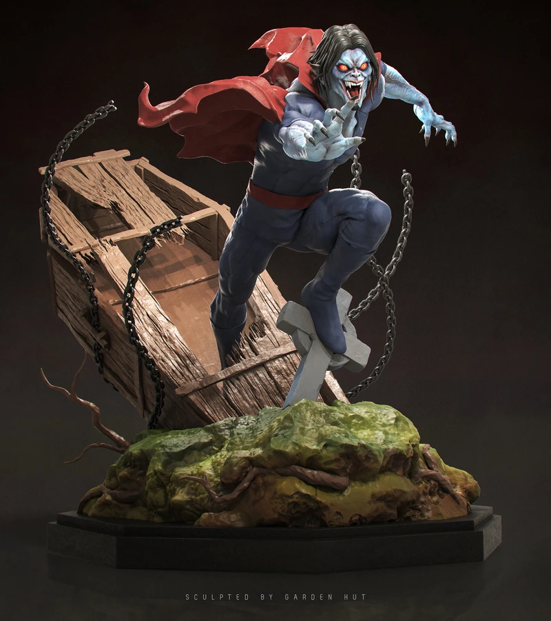 Morbius Marvel statue with red cape, chains, coffin, and rocky base