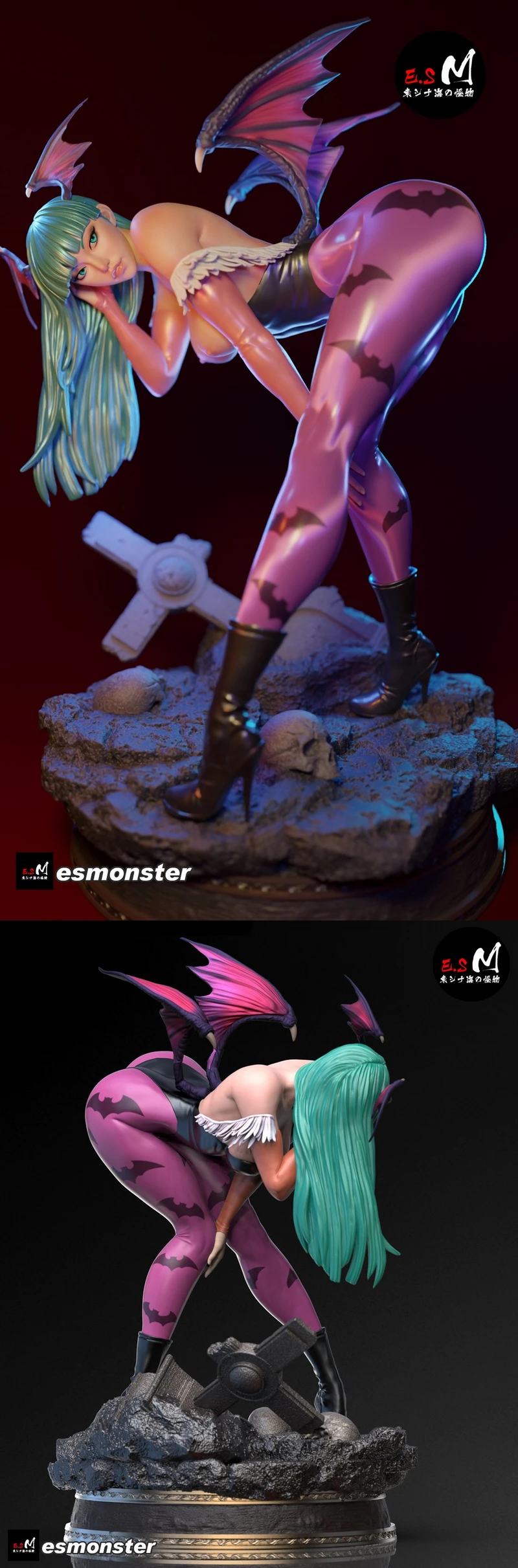 Morrigan Aensland Darkstalkers figure with bat wings on a display base