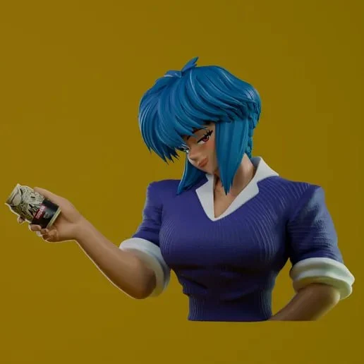 Motoko Kusanagi Ghost in the Shell bust with blue hair and purple top