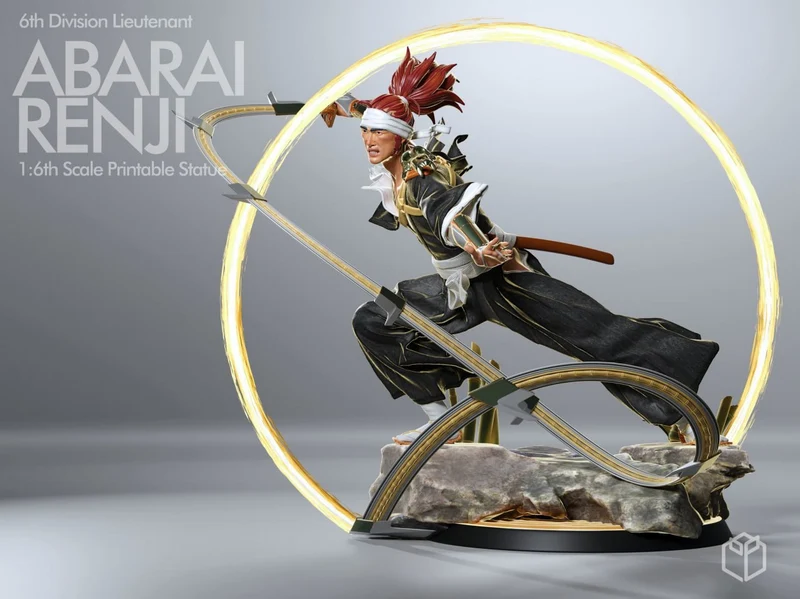 Renji Abarai Bleach 3D printable figure with sword and circular energy effect