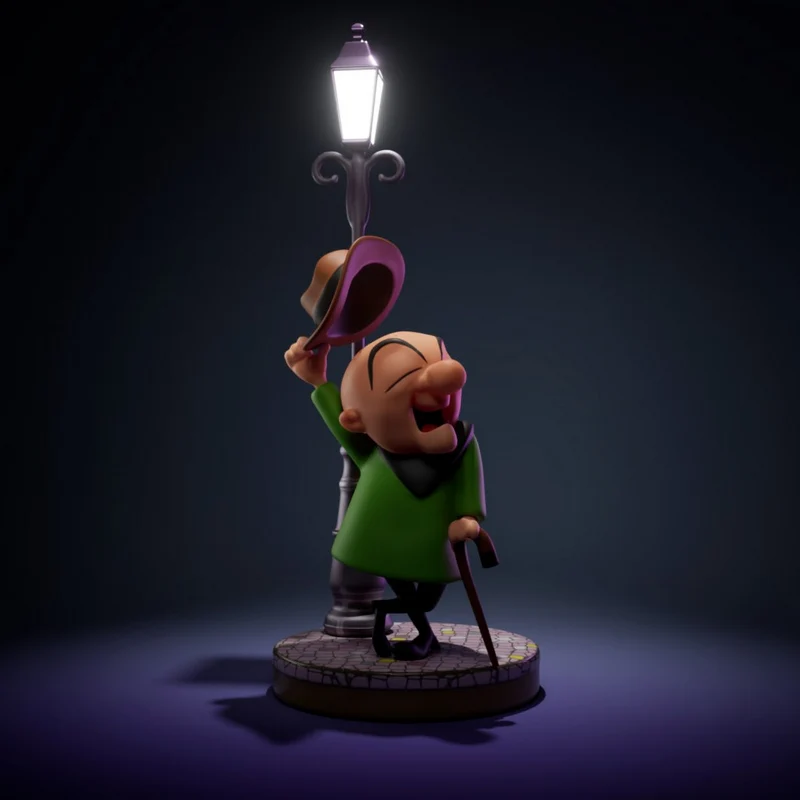 Mr. Magoo figure with a hat, cane, green coat, and street lamp