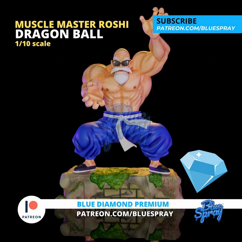 Muscular Master Roshi Dragon Ball statue with sunglasses on a rocky base