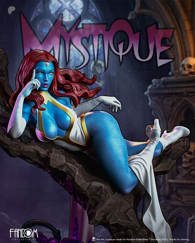 Marvel’s Mystique reclining on a rocky base with blue skin and flowing red hair