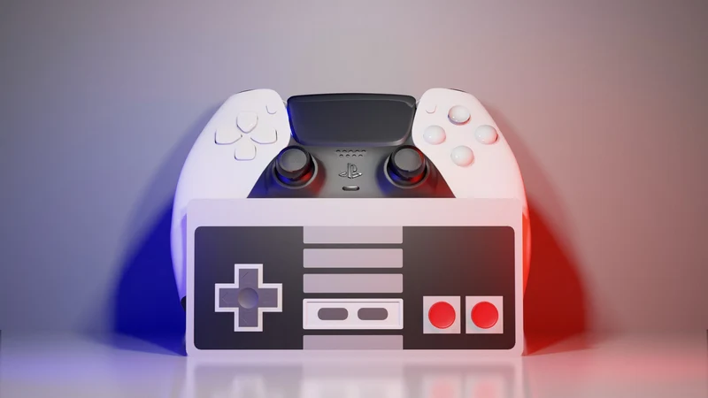 NES-inspired controller holder displaying a modern dual-stick game controller