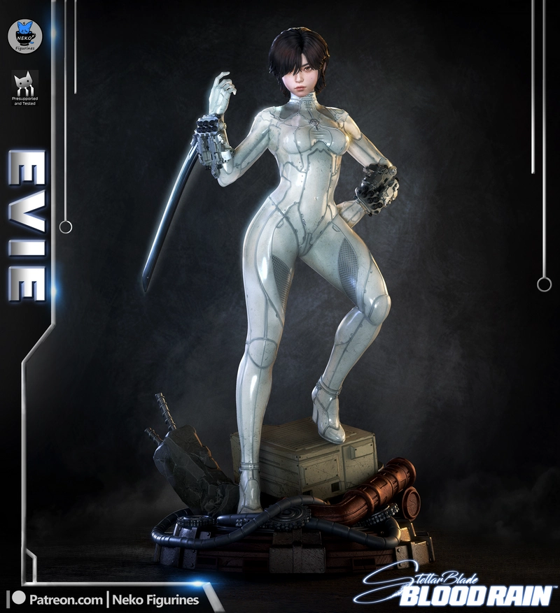 Evie from Stellar Blade in a white futuristic suit with mechanical arm details on a sci-fi display base